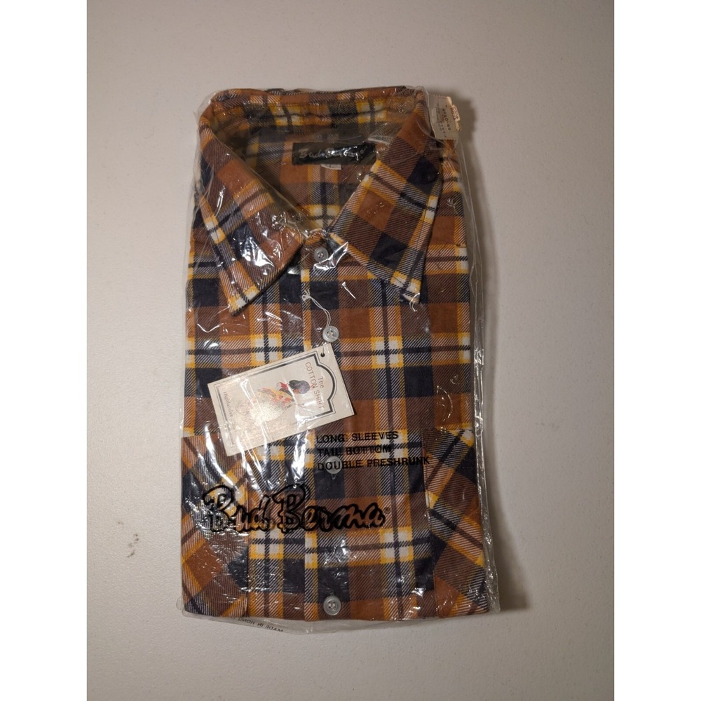 Bud Berma Flannel Shirt Plaid Brown Yellow Large NOS Vintage Made in Hong Kong - Picture 1 of 2